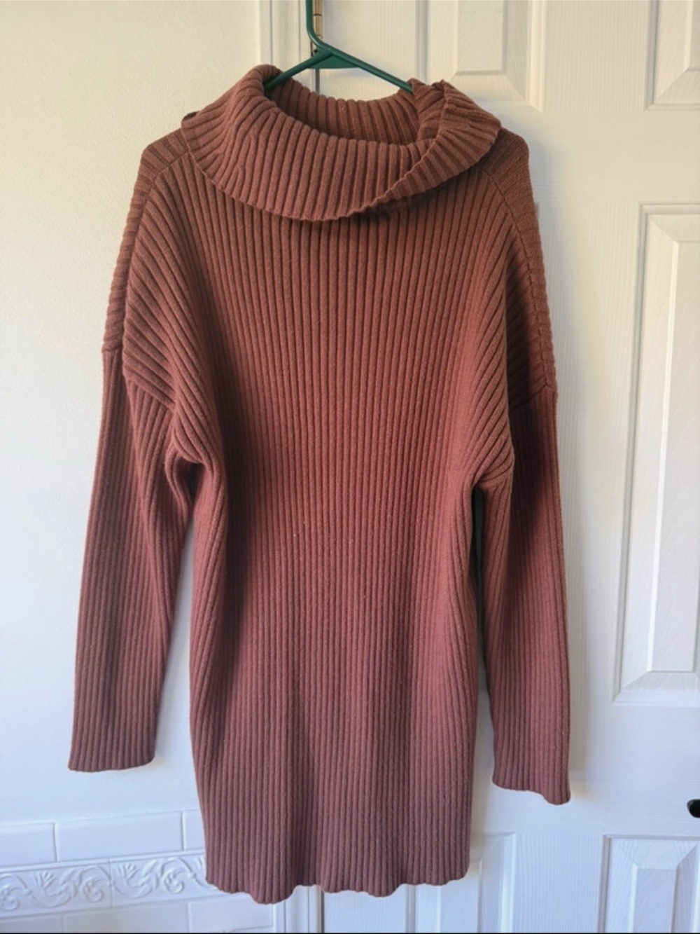 Ribbed Funnel Neck Sweater Dress - Dusty Rose